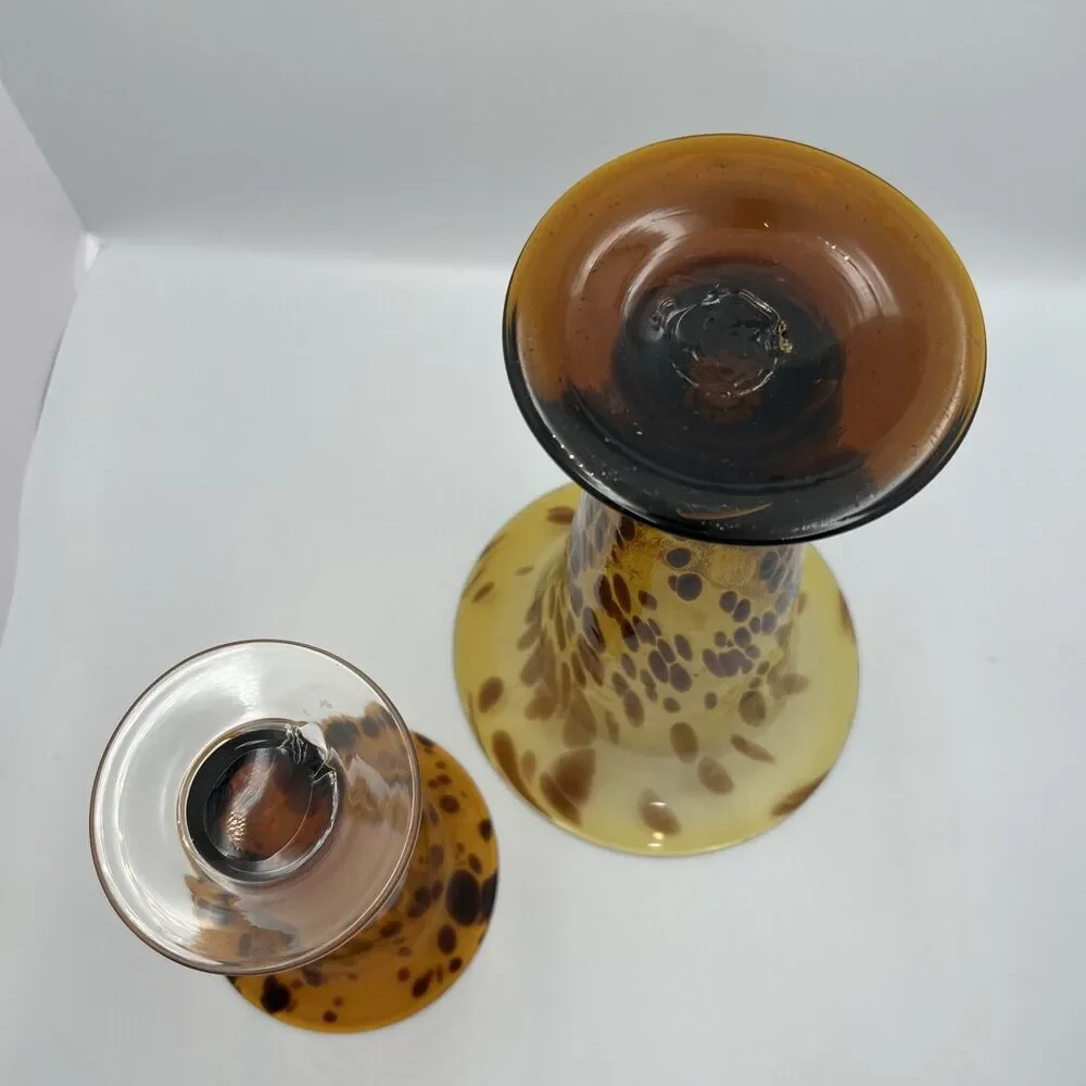 Vintage Hand Blown Art Glass Vases Set of 2 Amber Brown Spotted Pedestal Vases